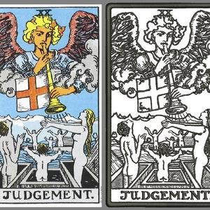 May include: The Judgement tarot card features a winged angel blowing a trumpet, with people rising from their graves below. The card is in a traditional style with a blue background and a white border. The text "JUDGEMENT" is printed at the bottom of the card.