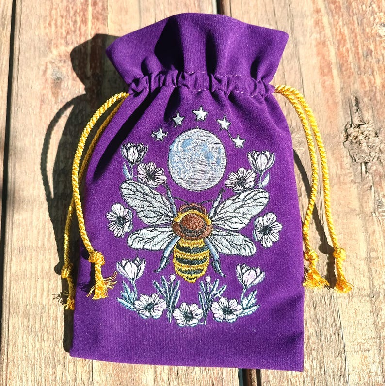 Violet Plum Tarot Bag Velvet with Bee Moon Embroidery Bag VelvetTarot Card Bag Tarot Card Bag Velvet image 15