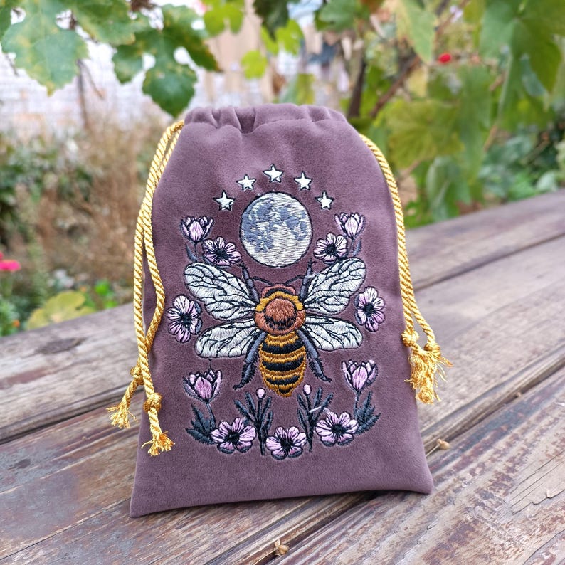 Violet Plum Tarot Bag Velvet with Bee Moon Embroidery Bag VelvetTarot Card Bag Tarot Card Bag Velvet image 16