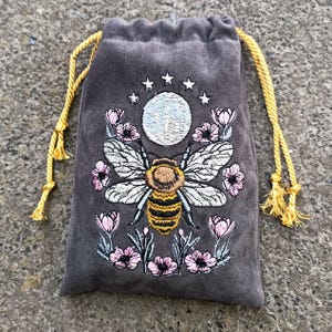 Graphite gray Tarot Bag Velvet with Bee Moon Embroidery Bag VelvetTarot Card Bag Tarot Card Bag Velvet Tarot Card Bag With Embroidered Bee