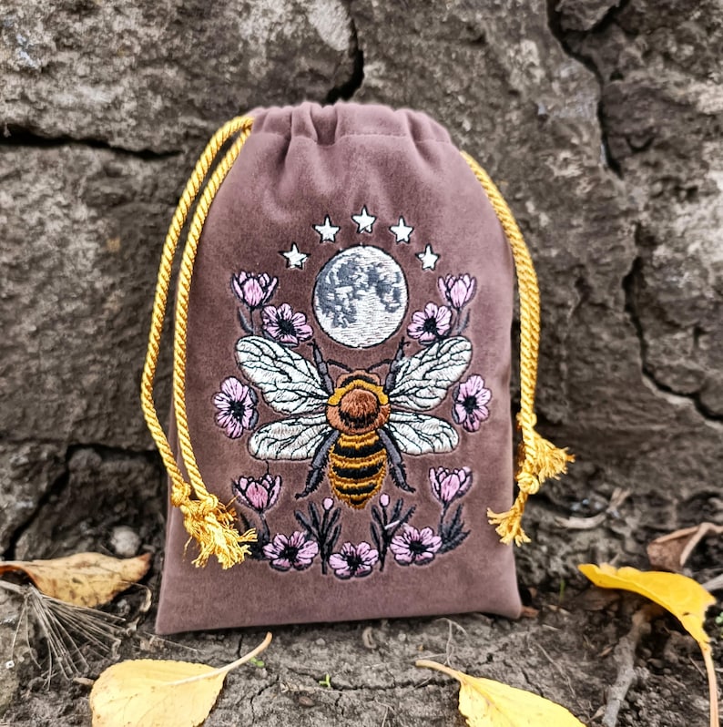Violet Plum Tarot Bag Velvet with Bee Moon Embroidery Bag VelvetTarot Card Bag Tarot Card Bag Velvet image 19