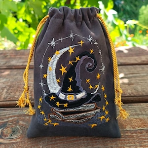 Bolsa de Tarot con Sombrero de Bruja y Sombrero de Mago, Bolsa de Cartas de Tarot de Terciopelo Bordada, Bolsa de Cartas de Tarot, Bolsa de Cartas de Tarot de Terciopelo con Sombrero de Bruja