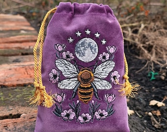 Violet Plum Tarot Bag Velvet with Bee Moon Embroidery Bag VelvetTarot Card Bag Tarot Card Bag Velvet