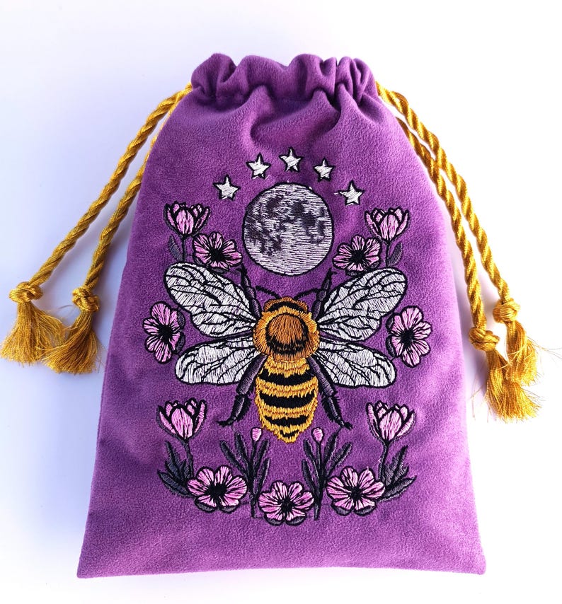 Violet Plum Tarot Bag Velvet with Bee Moon Embroidery Bag VelvetTarot Card Bag Tarot Card Bag Velvet image 2