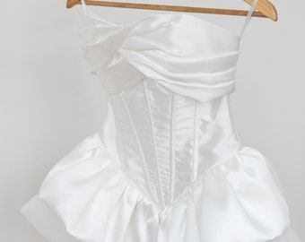 Corset Bridal Gown Mini Length Wedding Dress, Voluminous Puffy Skirt, Boho Style Spaghetti Strap