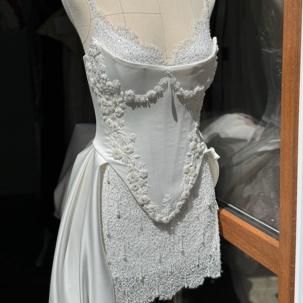 Ivory Lace Mini Dress Set - Beaded Corset and Detachable Satin Train