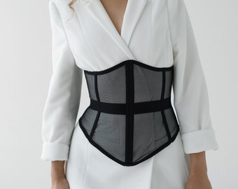 Ivory Wedding Mesh Corset Belt, Steel Bones White Underbust