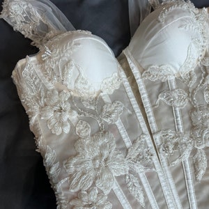 Ivory Mesh Corset Top With Satin Cups, Flower Embroidery White Lacing Back Wedding Bridal Gown, Honeymoon Corrective Made To Order Corset