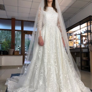 Sparkling Floral Lace Ivory Princess Wedding Dress Made To Order, Elegant Beaded A-line Bridal Dress With Long Sleeves, Long Train Dress