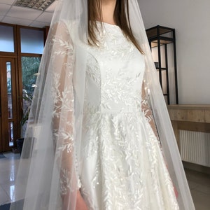 Sparkling Floral Lace Ivory Princess Wedding Dress Made To Order, Elegant Beaded A-line Bridal Dress With Long Sleeves, Long Train Dress