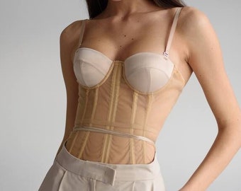 Removable Straps Beige Mesh Corset , Sexy Bustiers Crop Top, Transparent  Tightlacing For Woman, Plus Size Waist Training Corset