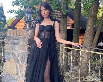 Black Corset Wedding Dress, Black Mesh Bridal Gown, Wedding Black