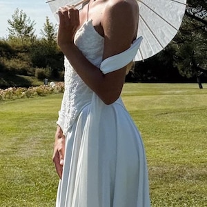 Fairy Tale Bridal Corset, Ivory Mermaid Skirt, Off Shoulder Satin Wedding Top, Satin Skirt with Train, Bridal Dress