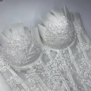Ivory Mesh Corset Top With Folds Cups, White Lacing Back Beaded Embroidery Lace Wedding Bridal Gown, Made To Order Corset Top