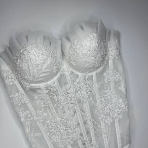 Ivory Mesh Corset Top With Folds Cups, White Lacing Back Beaded Embroidery Lace Wedding Bridal Gown, Made To Order Corset Top