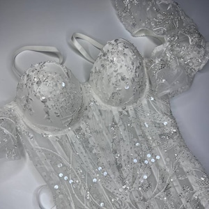 Floral Beaded Lace Wedding Custom Corset, Bespoke Order Corset Top With Sleeves, Lacing Back Abstract Lace Honeymoon Ivory Lingerie