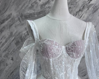 épine♡lace tulle bustier Floral Beaded Lace Wedding Custom Corset, Removable Long