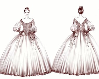 May include: A fashion illustration of a woman wearing a white ball gown with a fitted bodice and large, puffed sleeves. The gown has a lace-up back and a full skirt.