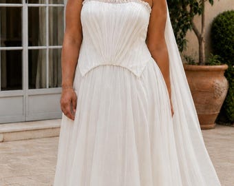 Elegant Silk Corset and Draped Skirt Set, Scarf Included, Luxury Evening Wear, Special Event Outfit, Sophisticated Dress