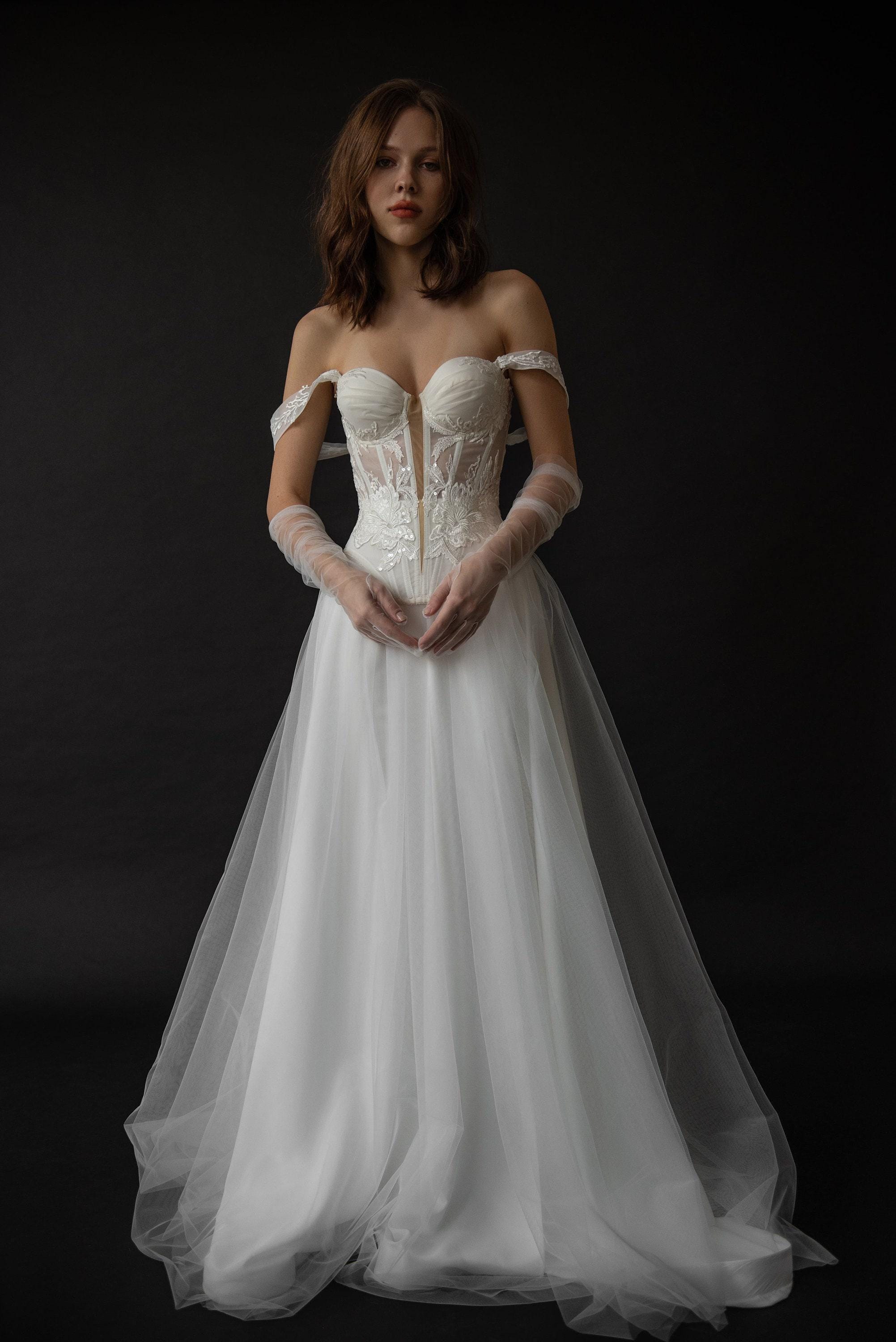 corset top dress with sleeves Puff-Sleeve Strapless Long White Bridal Gown CD962W Off White / 2
