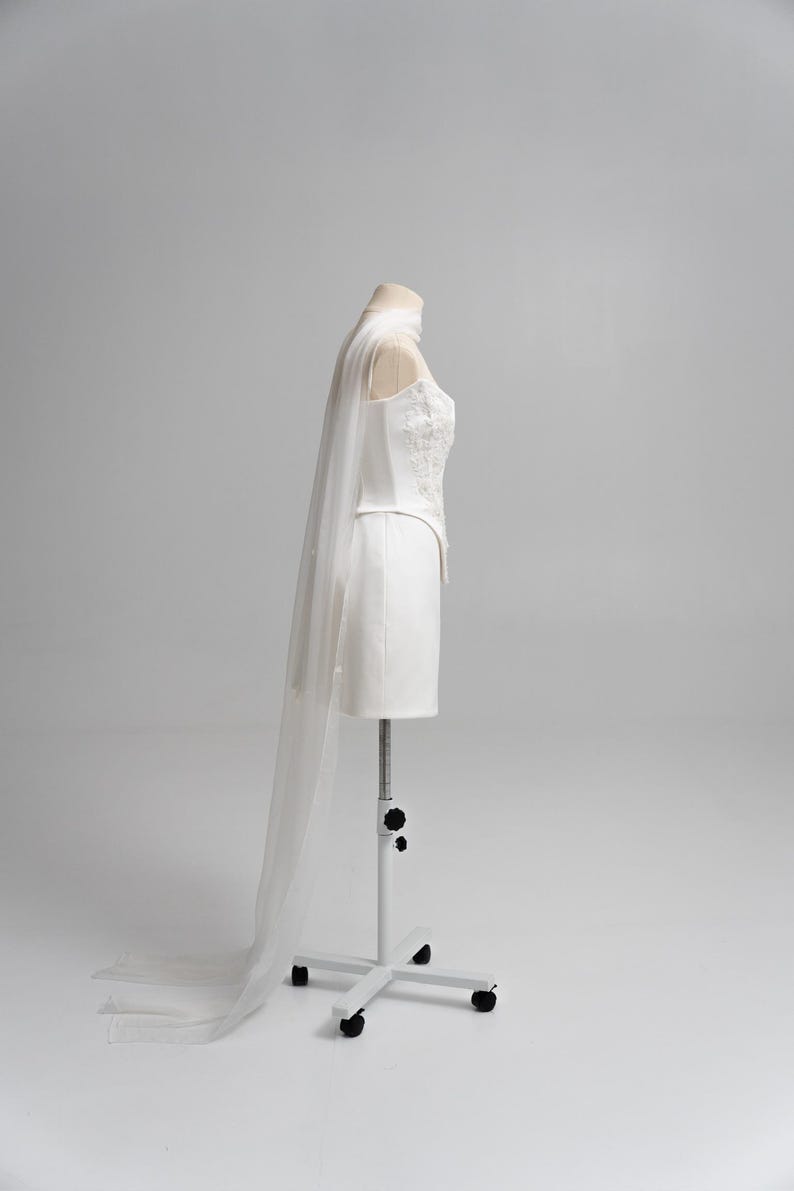 Puede incluir: Un vestido corto blanco sin tirantes con un corpi&ntilde;o estructurado que presenta intrincados bordados florales y un dobladillo en punta. Un velo blanco largo, transparente y fluido est&aacute; sujeto al escote y cae hasta el suelo.