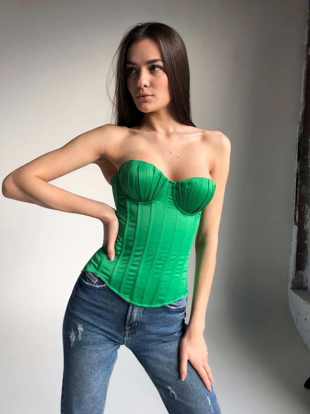 Green Satin Corset Top, Bustier Custom Corset Tops, Crop Top, Plus Size