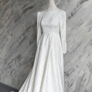 Ivory Jacquard Ball Gown Wedding Dress With Cathedral Train And A Lot Of Buttons, Boat Neck Custom Made To Order Bridal Bespoke Order