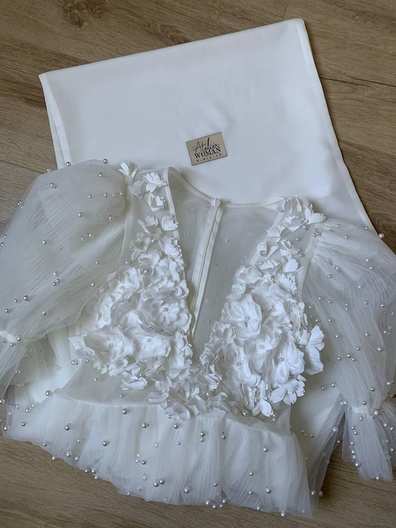 Short Deep V-Neck Pearls Beaded Flower Lace Engagement Party Dress, Puffy Skirt And Sleeves Wedding Dress Bespoke Custom Made To Order Dress Short Deep V-Neck Pearls Beaded Flower Lace Engagement Party Dress, Puffy Skirt And Sleeves Wedding Dress Bespoke Custom Made To Order Dress