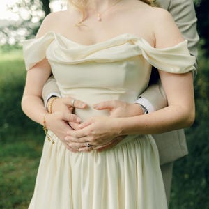 Dark Ivory Satin Corset and Skirt Set, Draped Off Shoulder Bridal Set with Train, Two Piece Wedding Dress