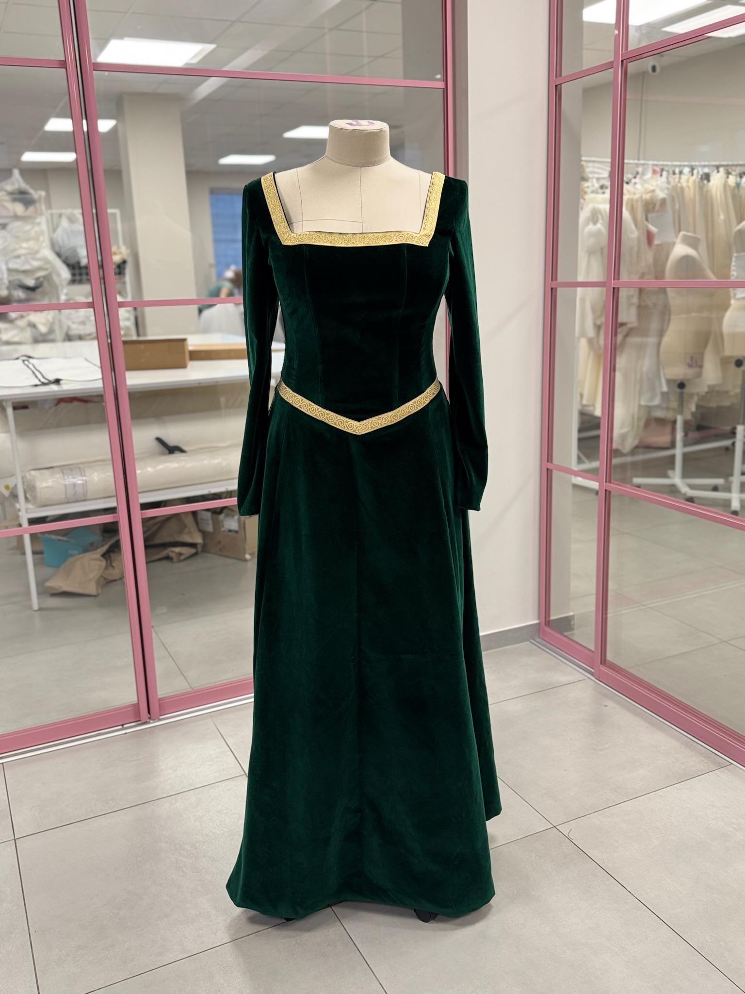 Velvet Renaissance Dress with Gold Trim, Medieval Long Sleeve Gown, Green or Custom Color, Cosplay or Fair Outfit