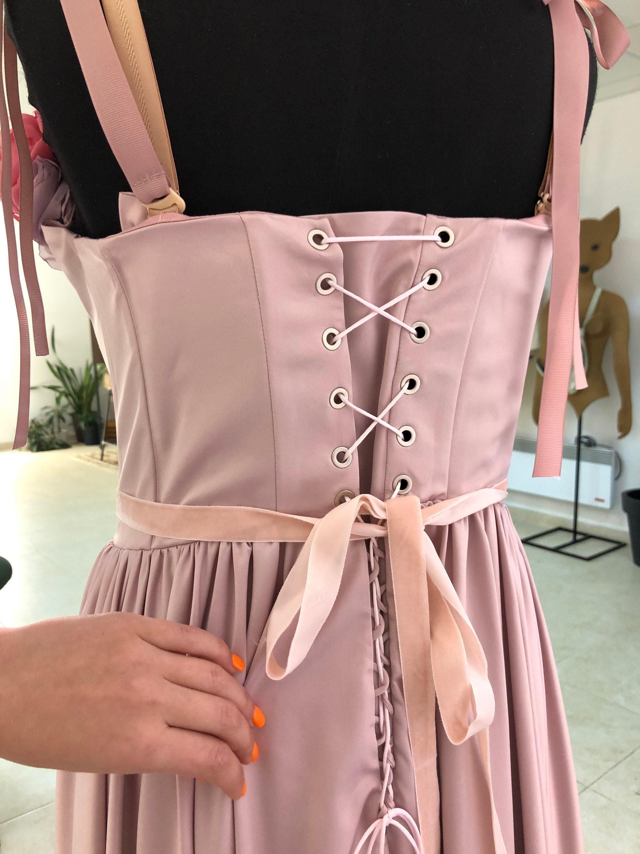 Rose Gold Silk Corset Dress With 3D Flowers Lace, Removable Ribbon Straps  and Velvet Ribbon on the Waist, Lace Back and Zipped Till Waist - Etsy