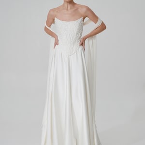 Ivory Corset, Mermaid Skirt, Mermaid Dress, Off Shoulder Bridal Satin Top and Fitted Satin Skirt with Train, Fairy tale corset dress