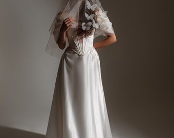 Ivory Plunge Satin Wedding Skirt with Slit, Train and Pleats, Long Bridal Skirt, Elegant Wedding Attire