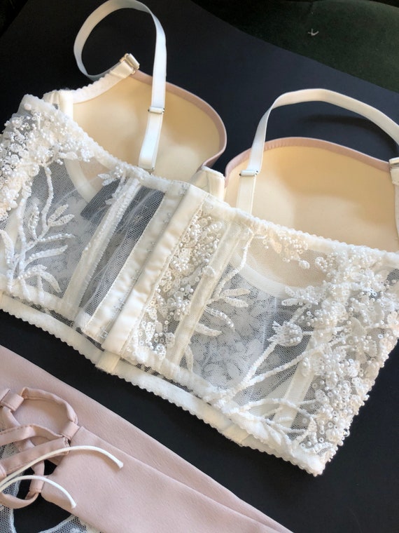 Ivory Bridal Lingerie Set, Nude Pearls Design Cups, Flower Lace