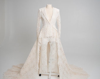 Completo elegante in pizzo, giacca avorio e pantaloni a zampa, set due pezzi da donna, abbigliamento per occasioni speciali, abbigliamento formale