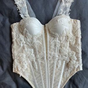 Ivory Mesh Corset Top With Satin Cups, Flower Embroidery White Lacing Back Wedding Bridal Gown, Honeymoon Corrective Made To Order Corset