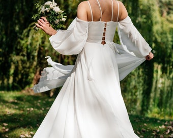 Draped Off The Shoulder Chiffon Wedding Dress With Long Sleeves, Simpl Classic Minimalis Bridal Gown A-Line Dress, Plus Size  Gown