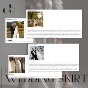 The image is a collage of three photos featuring a bride and groom in formal attire, with text descriptions and ratings for each photo.