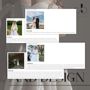 The image is a collage of three photos featuring women in wedding dresses, with text overlaying the images.