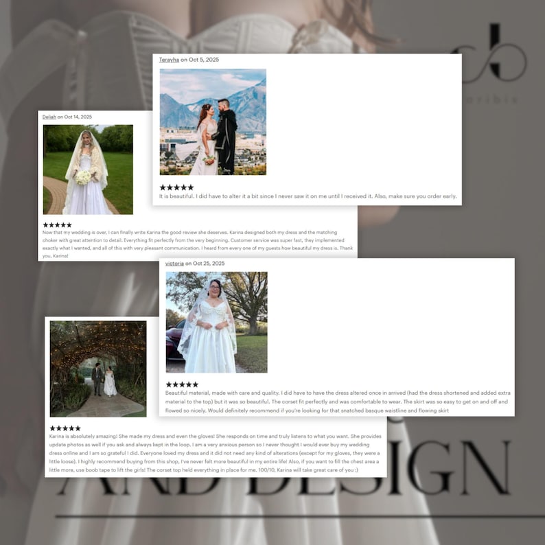 The image is a collage of three photos featuring women in wedding dresses, with text overlaying the images.