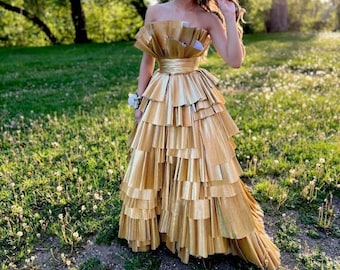 Gold Ball Gown Custom Prom Dress, Made To Order Puffy Skirt, Overbust Corset Birthday Party Dress