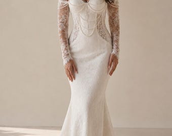 Lace Wedding Dress with Pearls, Satin Bridal Gown, Metal Boning Gown, White Wedding Dress, Black Bridal Dress, Ivory Gown