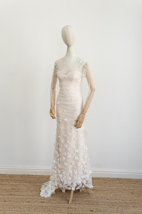 Floral Print Off-shoulder Wedding Gown, Custom Sparkly Beaded Engagement Dress, Made to Order