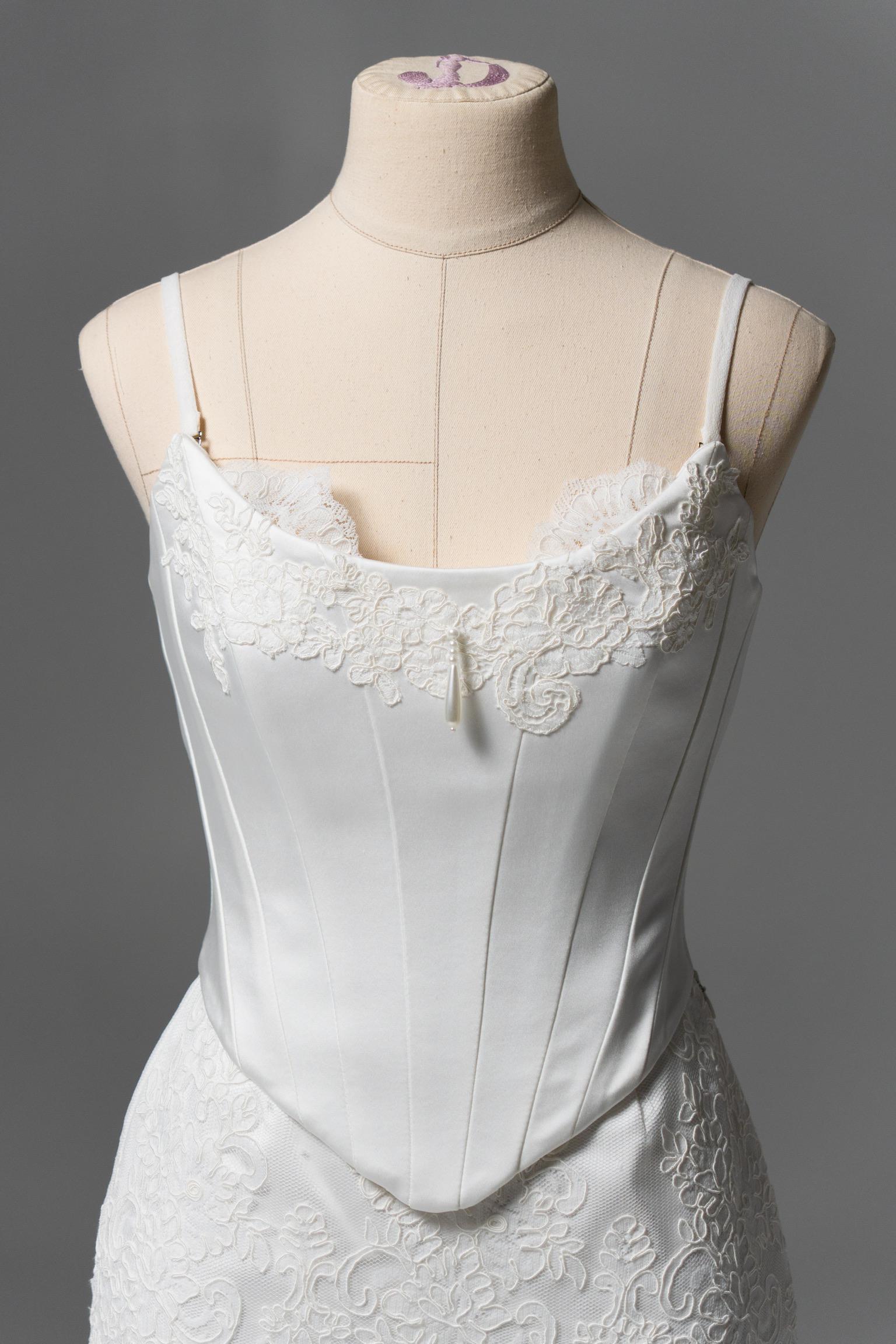 Bridal Corset Dress: Ivory Satin with Lace Mini and Sheer Overskirt - Custom Fit
