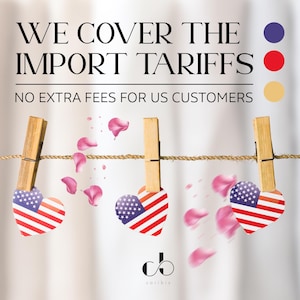 The image is a promotional graphic for a business that covers the import Tariffs, stating that there are no extra fees for US customers.