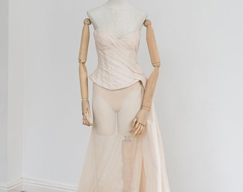 Taffeta Corset with Adjustable Back, Eyelets, Ribbon, Asymmetric Tail Lined Leg Slit Skirt, Formal Wear