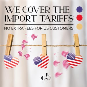 The image is a promotional graphic for a business that covers the import Tariffs, stating that there are no extra fees for US customers.