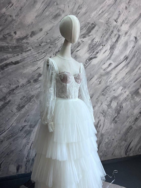 Bridal Gown Set, Puffy Mesh Wedding Skirt, Mesh Flower Beaded Embroidery Corset Top, Removable Sleeves, Custom Bespoke Made to Order Set
