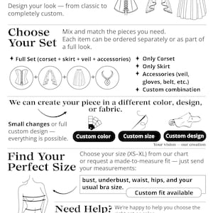 The image is a collection of fashion illustrations and descriptions, including a full-length image of a corset, a skirt, a veil, and accessories. The text provides information about how to create a custom bridal set, including the option to mix and match pieces, choose a full set, and create a custom design. The image also includes a chart for selecting the right size and a message for ordering assistance.