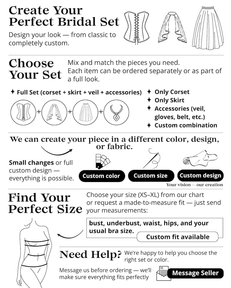 The image is a collection of fashion illustrations and descriptions, including a full-length image of a corset, a skirt, a veil, and accessories. The text provides information about how to create a custom bridal set, including the option to mix and match pieces, choose a full set, and create a custom design. The image also includes a chart for selecting the right size and a message for ordering assistance.